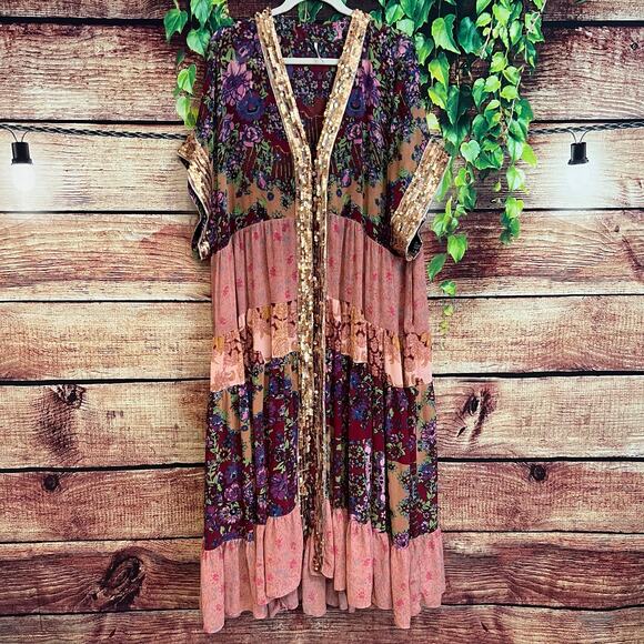 Free People One Fine Day Maxi Duster Kimono Large Sheer Sequin Tiered Dress - Picture 4 of 9